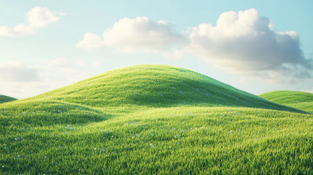 Rounded cartoon-style hill with green grass and a light sky, bright and colorful in a matte anime 3D texture.の素材