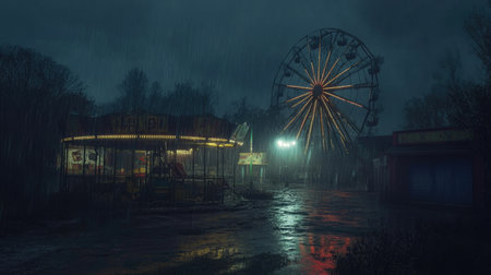 Eerie abandoned amusement park at night, rain pouring down, with dim lights and fog, creating a spooky Halloween atmosphere.の素材