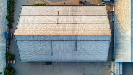 Industrial warehouse with robust metal roof panels, durable and weather-resistant design viewed from a high angleの素材