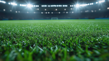 A wide view of a football stadium, with the lights fully illuminating the field and a close-up of the green grass in the foregroundの素材
