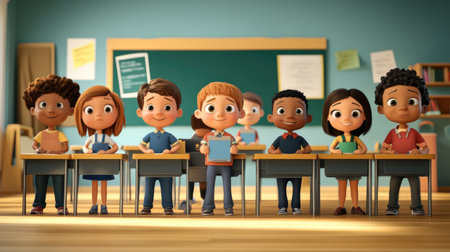 A group of cartoon kids standing in a classroom with chalkboards and desks, symbolizing a fun back-to-school conceptの素材