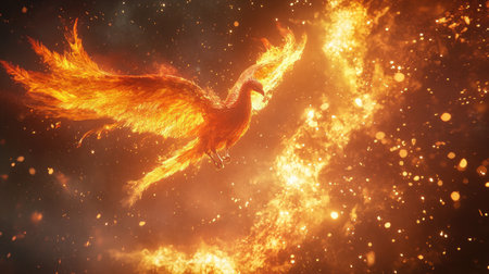 Fiery phoenix in mid-flight, trailing flames through the glowing backdrop, embodying themes of rebirth, strength, and magicの素材