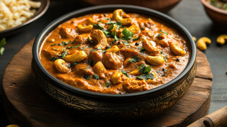 Kaju masala dish with a rich, creamy texture, topped with fried cashews and spices, served in a traditional Indian pan.の素材
