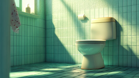 3D cartoon style rendering of a toilet in a tiled bathroom setting, showcasing a bright and animated designの素材
