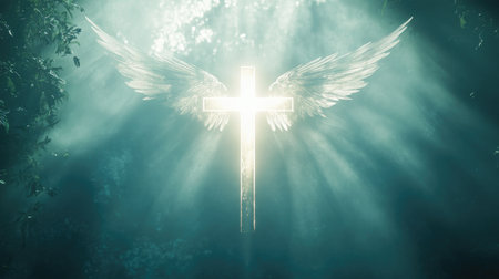 Illuminated cross surrounded by ethereal angel wings, glowing in a soft yet dramatic heavenly lightの素材