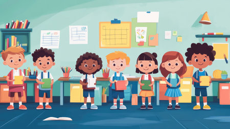 Bright and colorful cartoon of children standing in a classroom with school supplies, representing a back-to-school theme.の素材