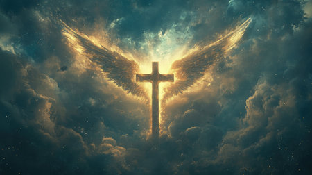Heavenly scene of glowing cross and ethereal angel wings, shining in a celestial aura with dramatic lightingの素材