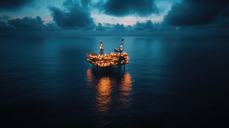 Offshore oil platform illuminated at dusk, its lights shining against the darkening sky over the vast oceanの素材