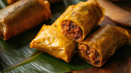 A close-up of traditional Puerto Rican pasteles, both wrapped and unwrapped, with ample room for text, showcasing authentic flavors.の素材
