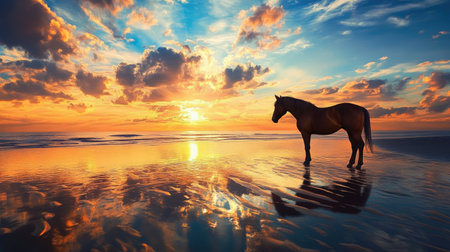 A brown horse stands majestically on a sandy beach, silhouetted against a blue and orange sunset sky filled with clouds.の素材