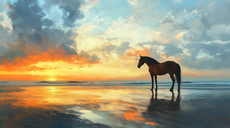 A lone brown horse gazing at the horizon on a beach, under a cloudy blue and orange sky with a serene sunset.の素材