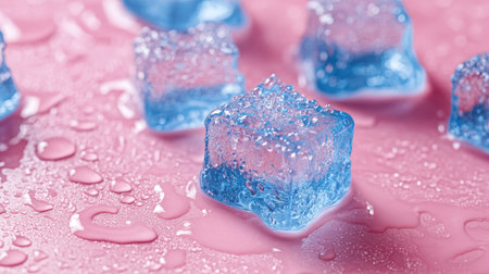 A playful arrangement of blue ice cubes with droplets on a pink surface, perfect for a bright and refreshing visual.の素材