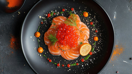 A stylish black plate featuring salmon carpaccio adorned with red caviar and pumpkin, ideal for upscale culinary photography.の素材