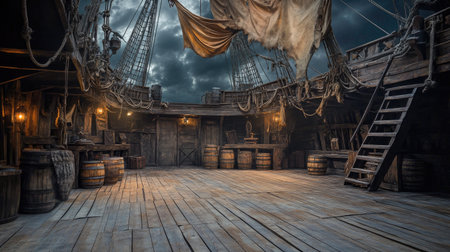 A wooden pirate ship deck, featuring tattered sails and empty barrels, ready for a stage performance under a dim, cloudy sky.の素材