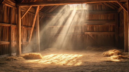 A weathered, empty barn with hay on the floor, dusty wooden beams, and soft sunlight streaming in, creating a rustic scene.の素材