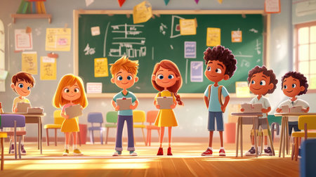 A group of cartoon kids standing in a classroom with chalkboards and desks, symbolizing a fun back-to-school conceptの素材