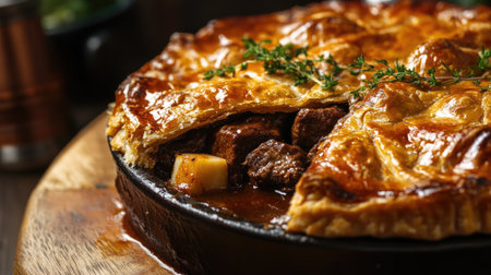 Close-up of a hearty beef and Guinness pie with a golden crust, oozing with savory goodness, perfect for a comforting meal.の素材