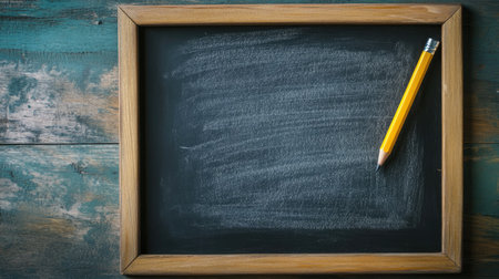 A blank chalkboard with a wooden frame and a pencil, ready for educational messages or school-themed illustrations.の素材