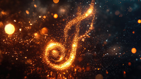 A glowing musical note made entirely of sparkles and light trails, floating against a dark background, radiating energy.の素材
