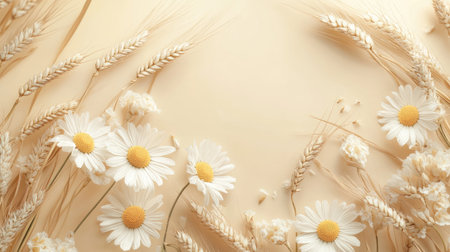 Beautifully arranged chamomile flowers and wheat ears on a beige backdrop, offering a clean and elegant design for various usesの素材