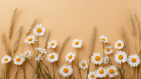 Beautifully arranged chamomile flowers and wheat ears on a beige backdrop, offering a clean and elegant design for various usesの素材