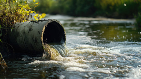 Industrial sewage pipe leaking polluted water into a river, highlighting the ecological impact of wastewater on natural ecosystems.の素材