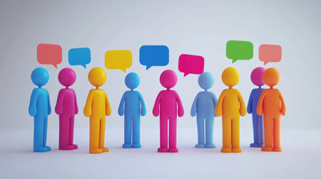 Cartoon team figures with colorful speech bubbles on a white background, symbolizing communication and collaboration in a fun and creative setting.の素材