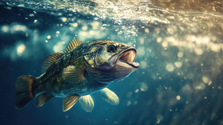 A thrilling moment as a bass fish approaches a fishing lure underwater, just before it takes the bait, with bubbles and ripples.の素材