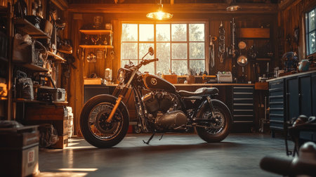 Retro-style custom Bobber motorbike in an authentic garage, highlighted by warm lighting, representing creativity and craftsmanship.の素材