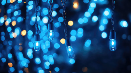 Soft blue Christmas garland lights hanging against a dark backdrop, radiating a warm and festive holiday vibe.の素材