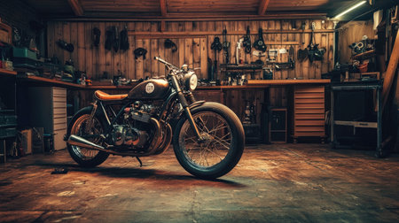 Retro-style custom Bobber motorbike in an authentic garage, highlighted by warm lighting, representing creativity and craftsmanship.の素材