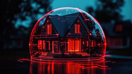 Red protective dome around a home, illustrating advanced home security technology and alarm system protection on a dark background.の素材