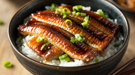 Unagi rice bowl with golden-brown grilled eel, rice, and a rich soy-based glaze, served with green onions in an authentic Japanese dishの素材