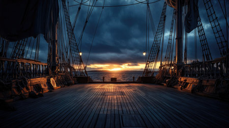 Scenic pirate ship deck with wooden flooring, masts, and sails, perfect for a theater production backdrop under a darkening sky.の素材