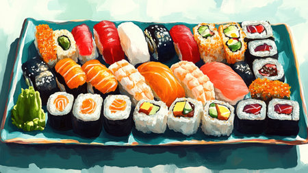Vibrant illustration of assorted sushi, including nigiri and maki rolls, served with wasabi and ginger, all arranged on a plate.の素材