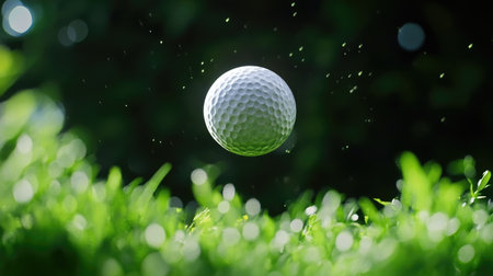 A close-up shot of a golf ball soaring through the air, captured from above the green, with focus on the ball mid-flight after a powerful swingの素材