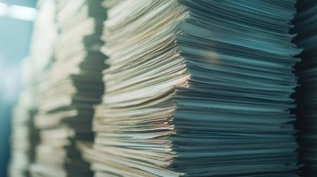 A close-up of a stack of newspapers, with plenty of space for copy or branding, ideal for media or publication-related visualsの素材