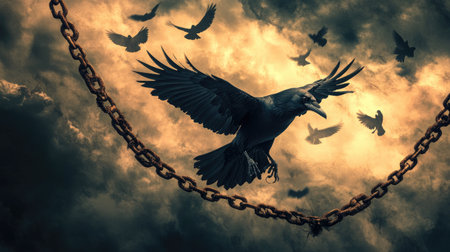 A dramatic scene of a crow breaking free from rusted chains, flying into a moody sky filled with other crows and stormy clouds.の素材