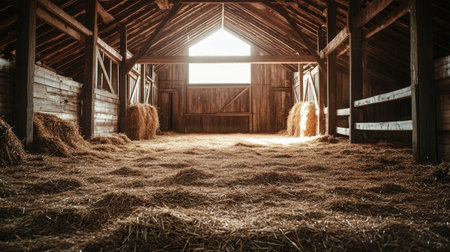 The inside of an old barn with hay strewn across the floor, wooden beams, and a rustic, country ambiance.の素材