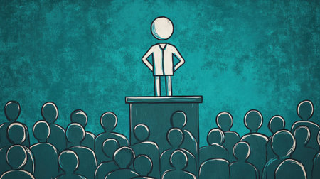 A confident stick figure stands at a podium, addressing an audience, symbolizing leadership, public speaking, and taking charge.の素材