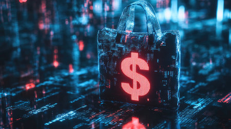 A bag with a dollar sign glowing in a matrix of binary code, showcasing the influence of AI on financial operations.の素材