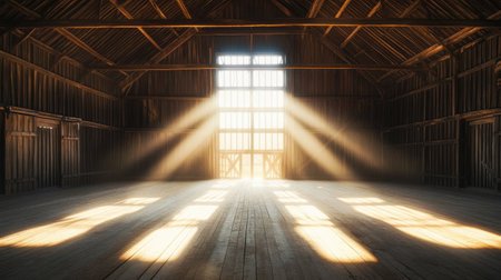 A large, empty barn interior with beams of sunlight streaming through the entrance, casting long shadows across the wooden floor.の素材
