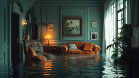 A serene yet eerie flooded living room scene with water reflections, emphasizing the protection offered by home insurance.の素材