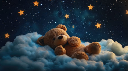 A sweet teddy bear napping on fluffy clouds under a sparkling starry night, creating a whimsical and comforting atmosphere.の素材