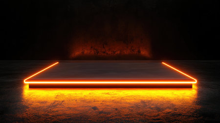 Black background with a glowing orange neon-lit square pedestal, ideal for showcasing luxury products or ads.の素材