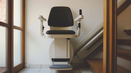 A cutting-edge stair lift on a modern staircase, offering mobility assistance for elderly and disabled users.の素材