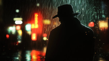 A dramatic silhouette of a dangerous man in a hat, standing under pouring rain at night in the city, evoking an old crime noir atmosphereの素材
