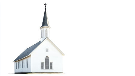 A quaint small-town church building with a steeple, isolated on a white background, symbolizing faith, community, and tradition.の素材