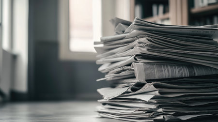 A pile of newspapers stacked in a corner, providing copy space for headlines or articles, perfect for news-related content.の素材
