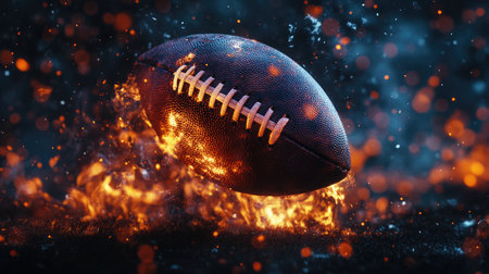 A football surrounded by glowing sparks and fiery embers, creating a dynamic and dramatic close-up scene on a dark backdrop.の素材